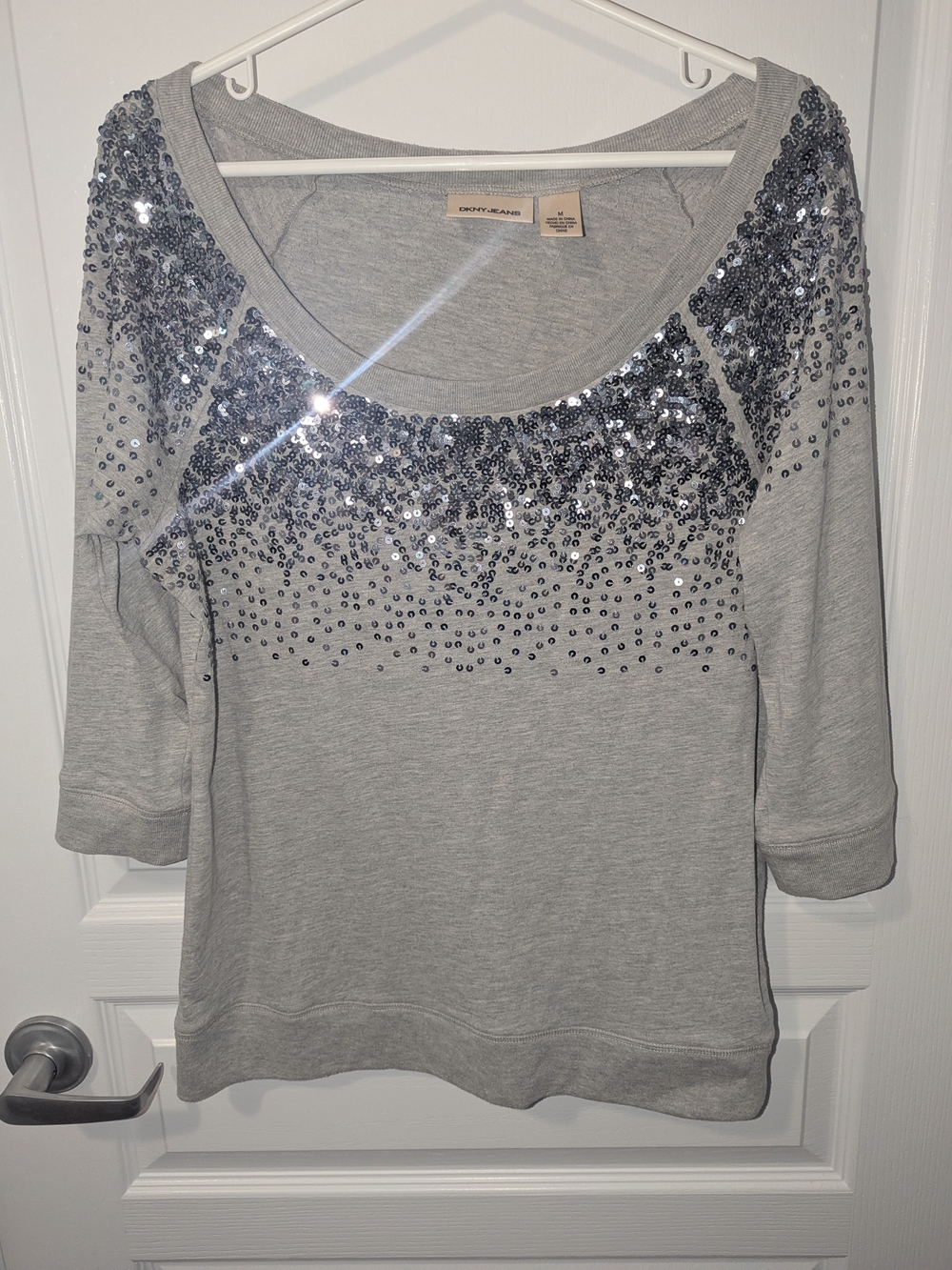 DKNY Jeans Heather Gray Sequin Scoop Neck Top, M